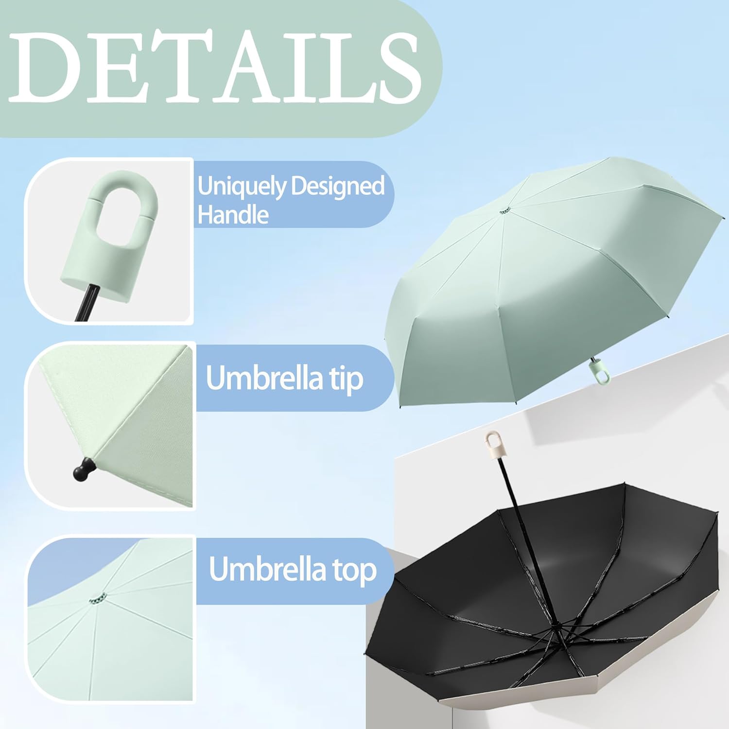 Detalle de Travel Folding Umbrella with Rotating Open & Close Ring Carabiner Handle – Portable, UV Protective and Lightweight