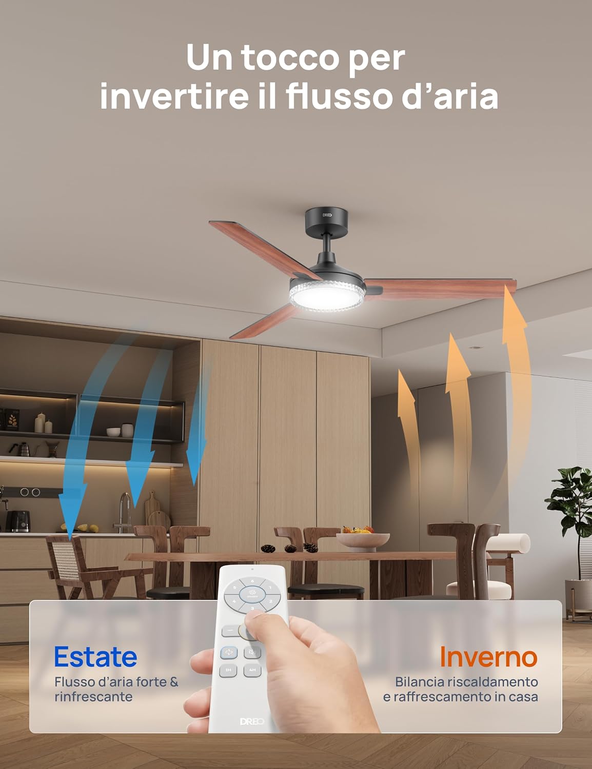Detalle de DREO ventilatore da soffitto con luce e telecomando 132 cm – nero