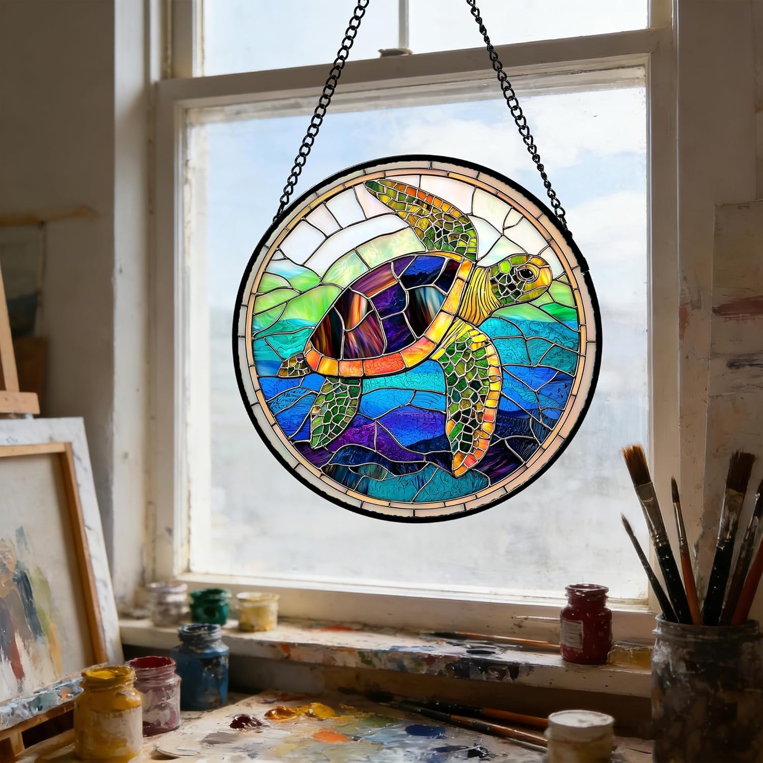 Detalle 2 de Sea Turtle Stained Glass Suncatcher 9.8-Inch