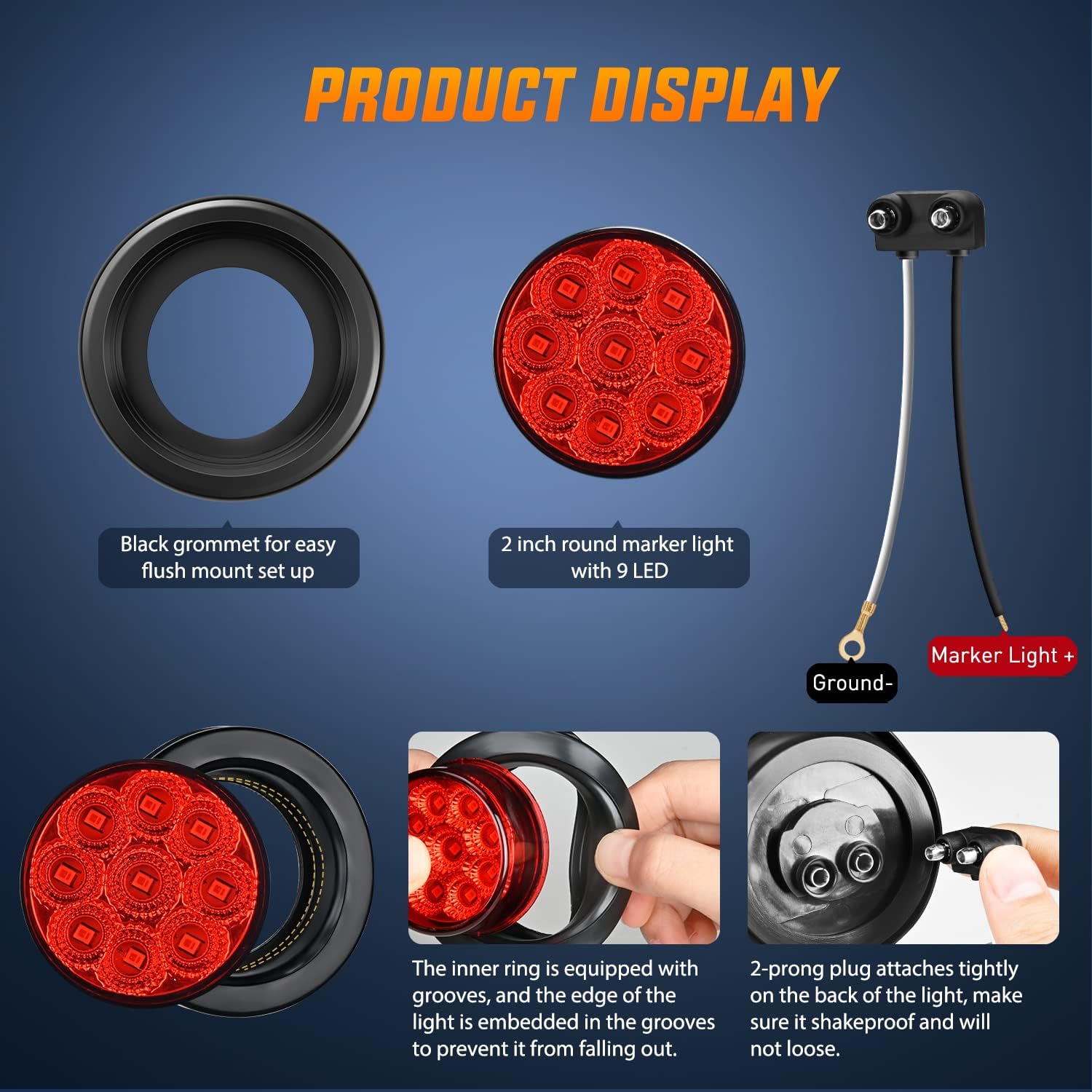 Detalle de Nilight 2-Inch Round Red Marker Light (2-Pack) — 9 SMD LED Clearance/Indicator for 12V Trucks & Trailers