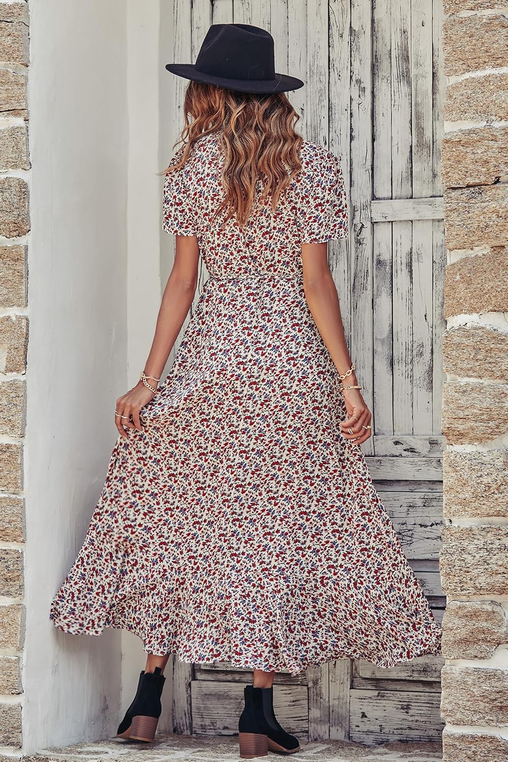 Detalle de PRETTYGARDEN Women's Boho Floral Maxi Dress, Wrap V-Neck and Ruffle Hem