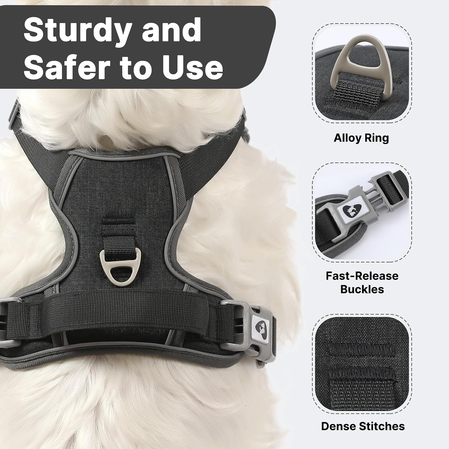 Thumbnail 2 de Belababy Medium Anti-Pull Dog Harness with Soft Padded Handle (Black, Size M)