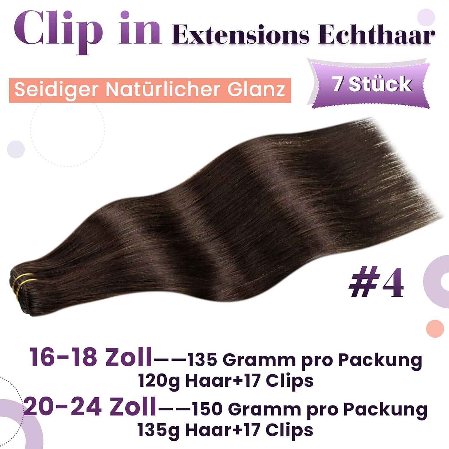 Detalle de LaaVoo Clip-in Echthaar Extensions 60 cm, 150 g, Braun #4 – 7-teilige Tressen