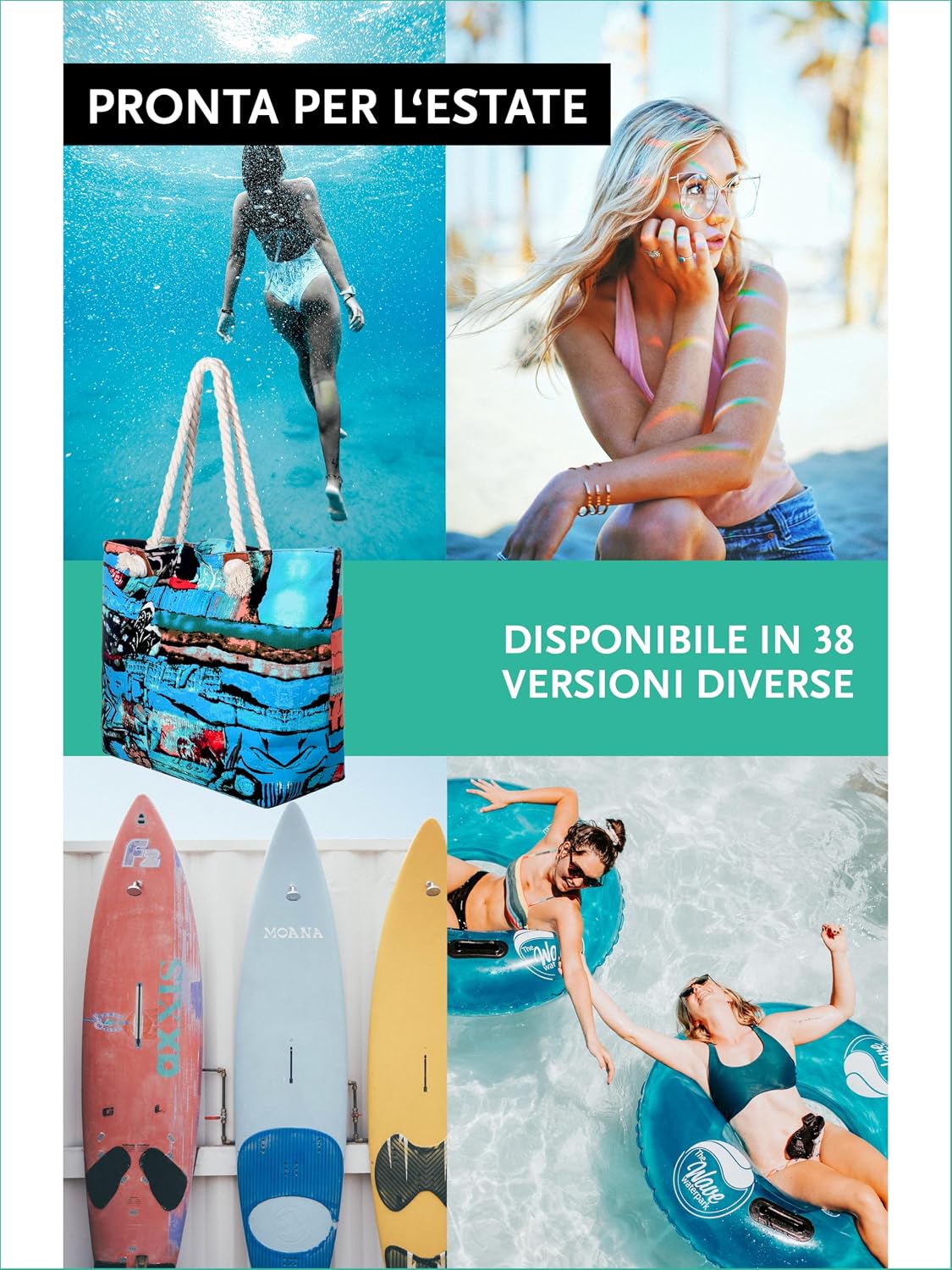 Detalle de DonDon Grande borsa da spiaggia idrorepellente con cerniera e tracolla (shopper XXL)