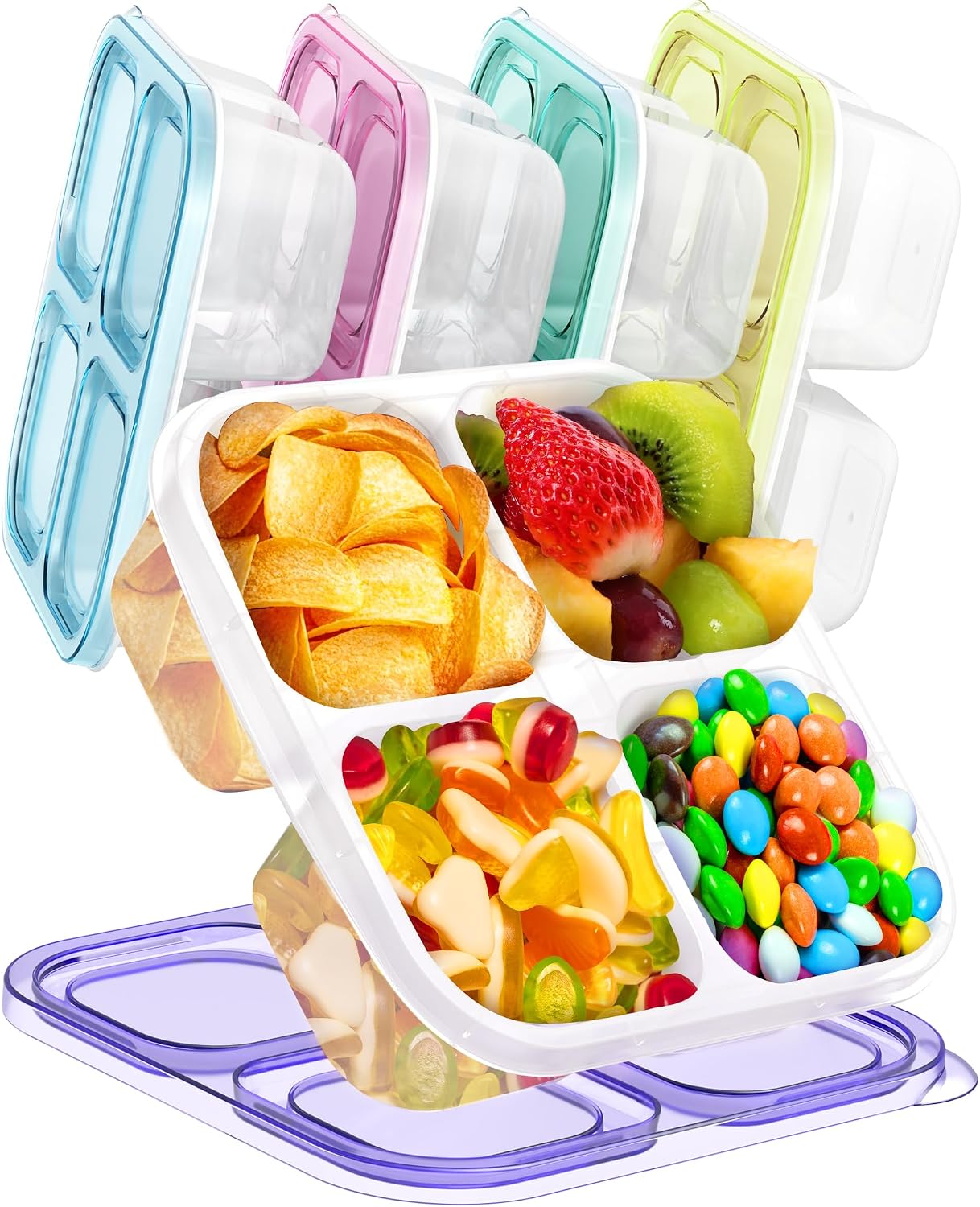 Detalle de Canfanni 5-Piece Bento Snack Containers, Clear 4-Compartment, 2-Cup Capacity