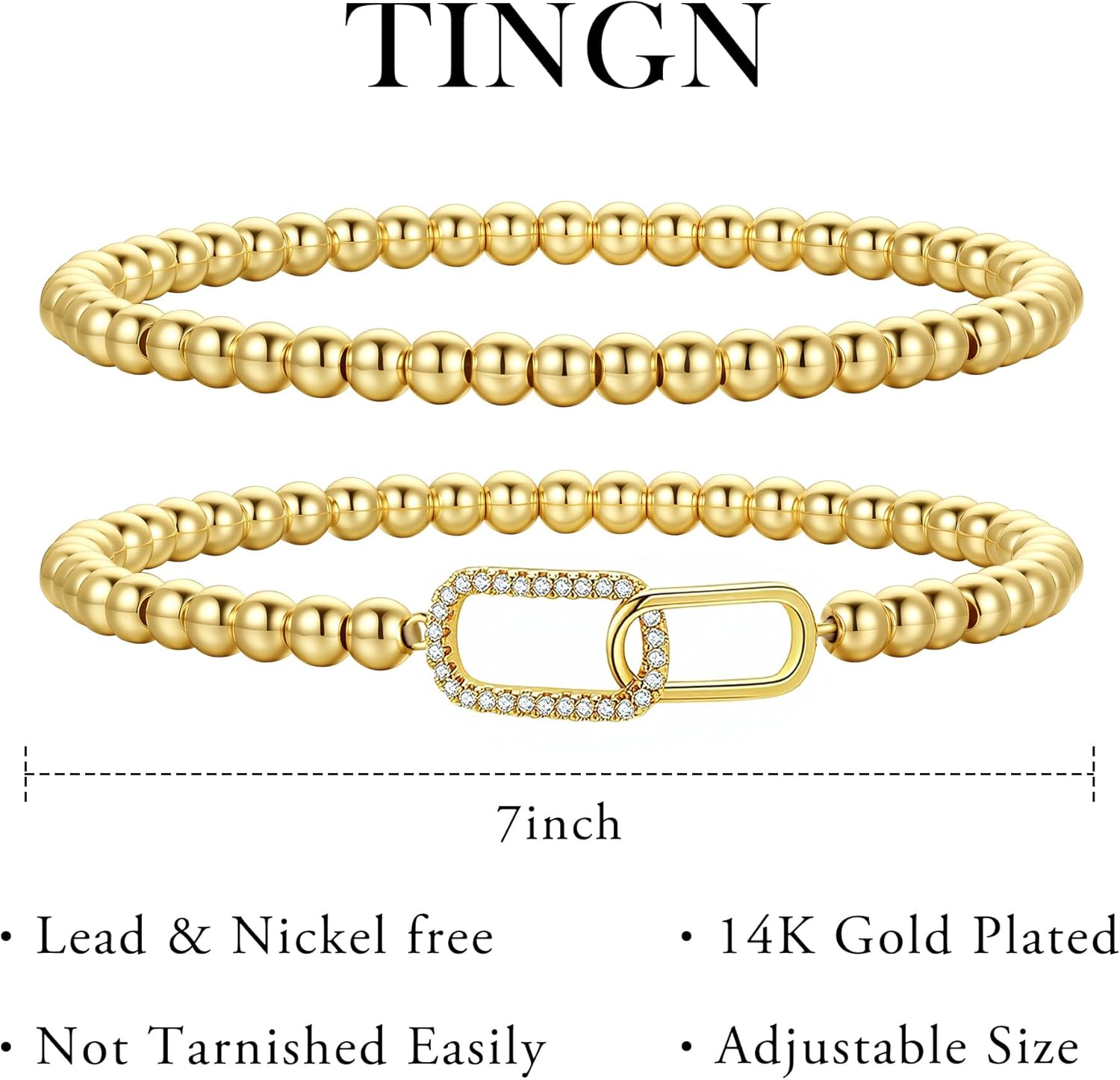 Detalle de TINGN 2er Gold Armkettchen-Set – 14K Vergoldete Herz/Kreuz CZ-Armbänder, elastisch, Handgefertigte Perlenanhänger