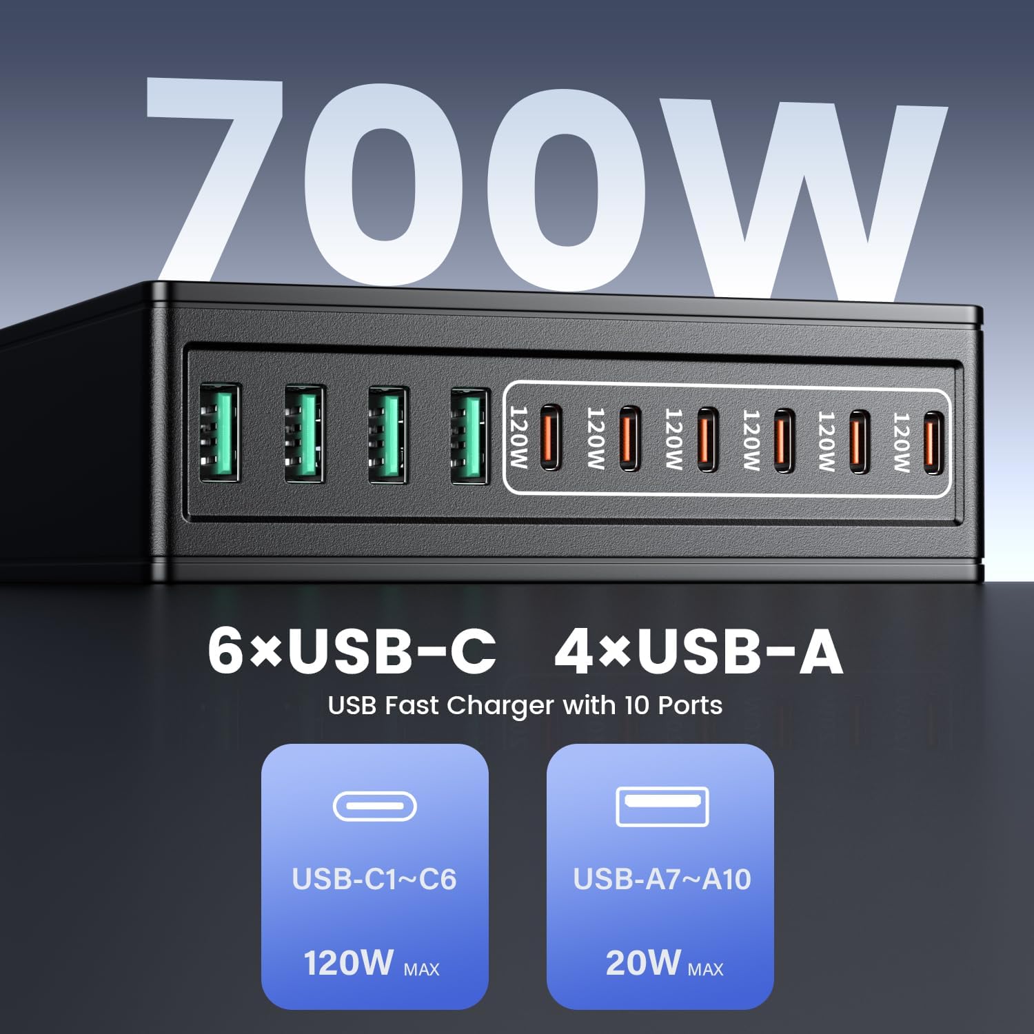 Detalle de HSSNS 700W Ladegerät – 10-Port GaN Schnellladegerät mit 6 USB-C Ports und 4 USB-A Ports (PD & PPS) für MacBook, iPad & iPhone