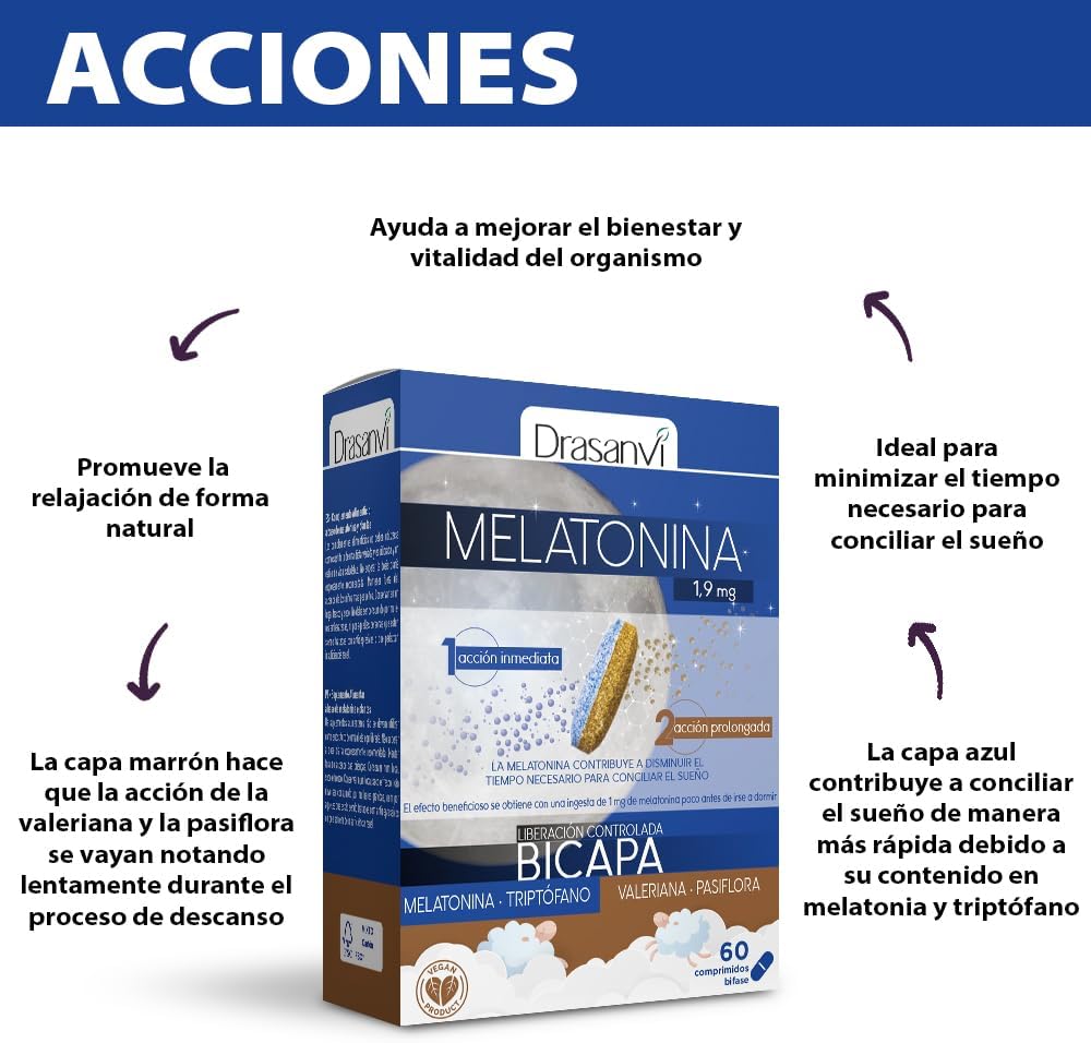 Detalle 2 de Drasanvi Melatonina Bicapa 1,9 mg 60 comprimidos