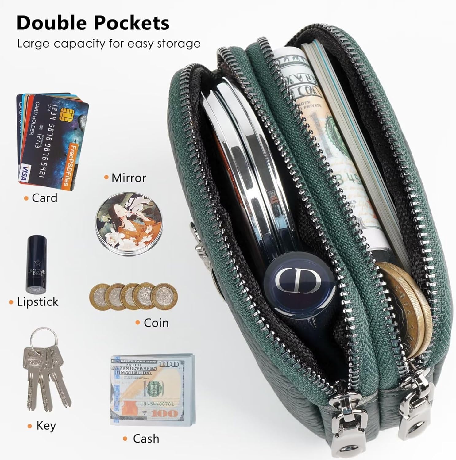 Thumbnail 2 de MAVHVAM Ladies Genuine Leather Mini Purses: Green Double Zip Coin Wallet