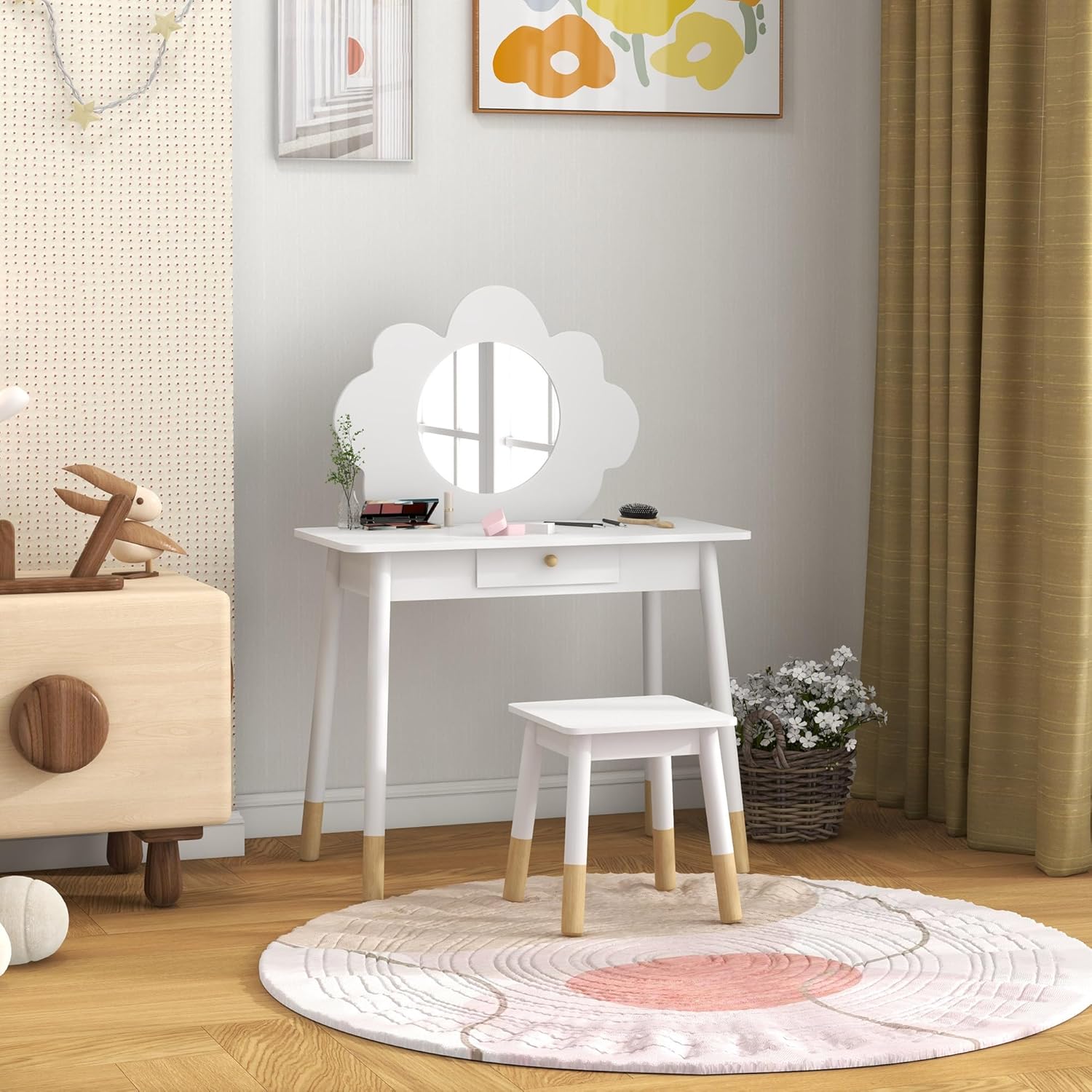 Thumbnail 5 de AIYAPLAY Ensemble coiffeuse enfant 2 pièces avec tabouret et miroir nuage (blanc) pour 3 à 6 ans