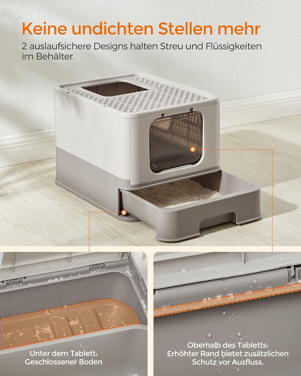 Detalle 2 de Feandrea Katzenklo 2er Set mit Deckel – großes Design für große Katzen, inkl. ausziehbarem Tablett, Schaufel und Bürste