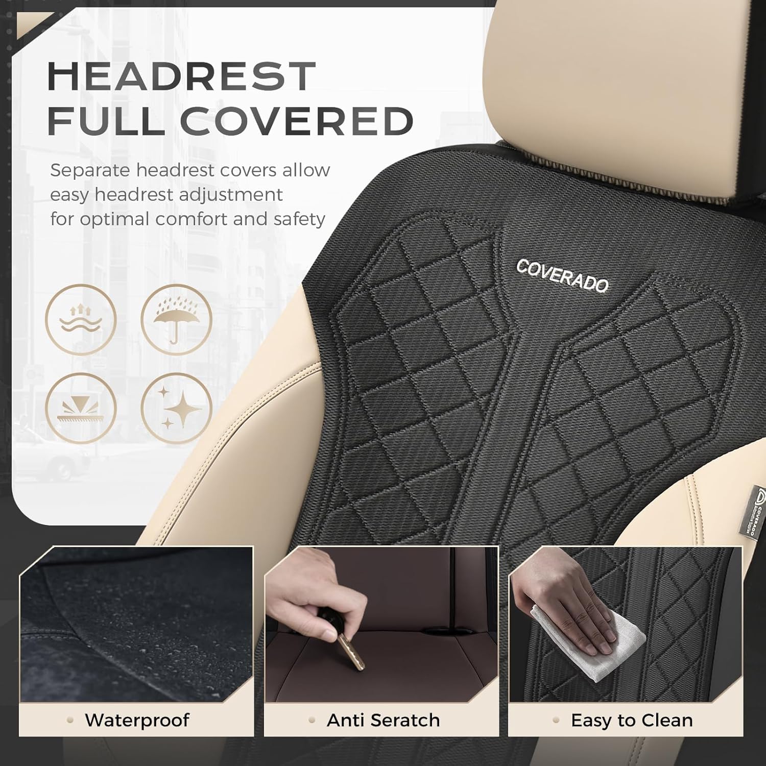 Thumbnail 4 de Coverado Seat Covers Full Set: Beige PU Leather with Breathable Mesh, 5-Piece Universal Car Seat Protectors