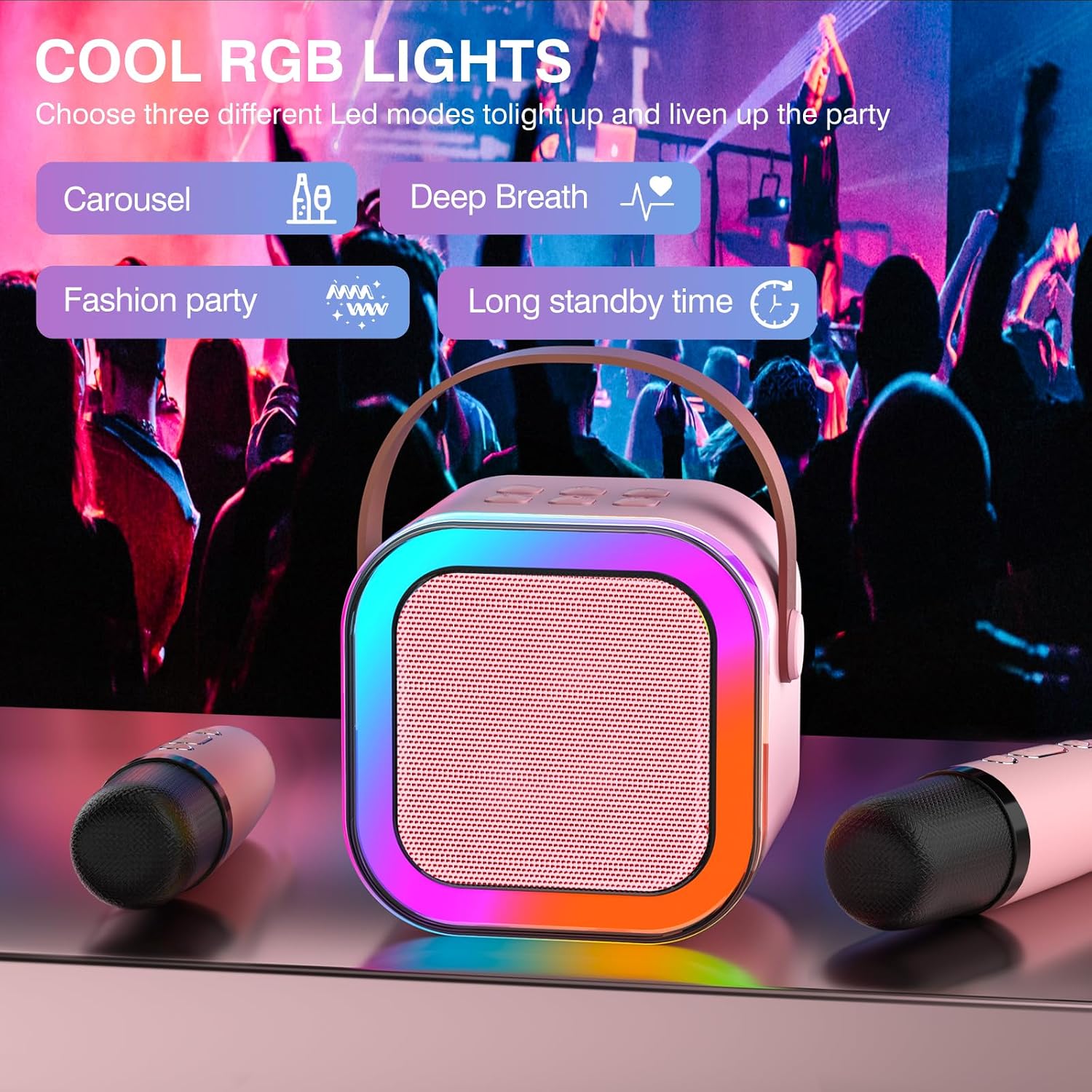 Detalle 2 de TAEMVV k12 Mini Karaoke Machine with Two Wireless Microphones and LED Light