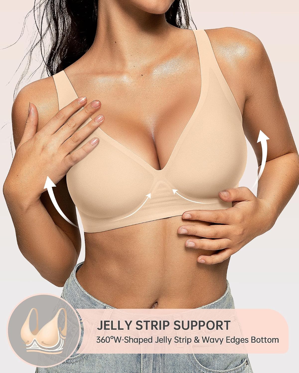Detalle 2 de OEAK Women's Deep V Wireless Push Up Bra – Seamless, Underwire-Free Comfort