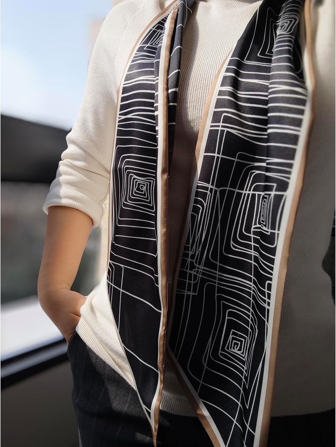 Detalle de GIMIRO Satin Seidenschal 148 x 13,5 cm – Double Layer Krawatte und Schal für Blazer, Mantel oder Kleid
