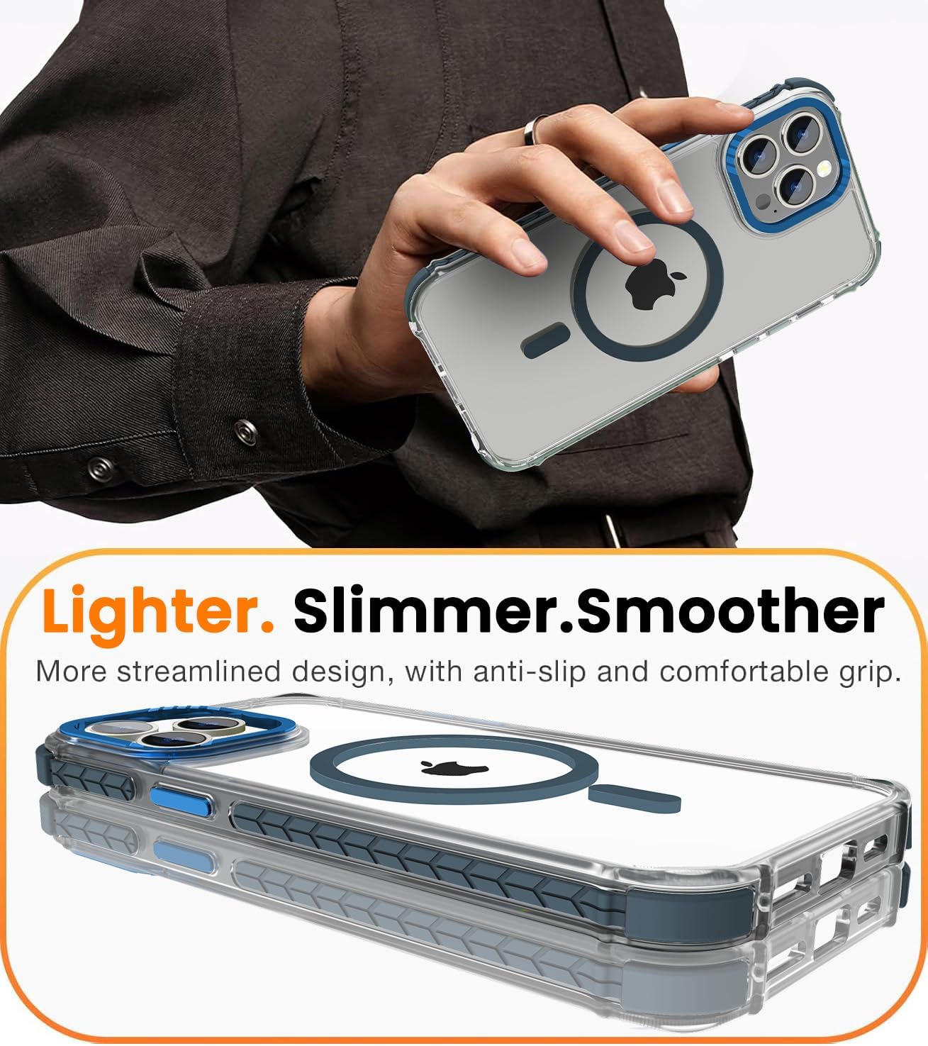 Detalle 2 de DEERLAMN Strong Magnetic Case for iPhone 15 Pro Max 6.7" — Clear Slim Shockproof Cover with Military-Grade Drop Protection