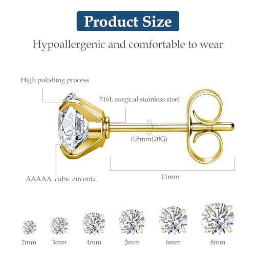 Detalle de Sweetkiki 6 Pairs Gold Stud Earrings Set – Hypoallergenic Stainless Steel with Cubic Zirconia