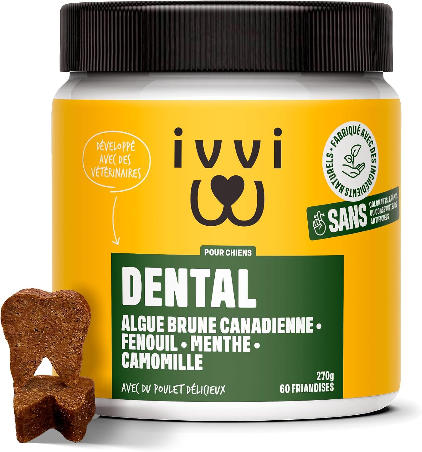Detalle de ivvi Dental Care Snacks d’hygiène dentaire pour chiens – Menthe, Persil, Fenouil, Camomille, huile de coco et algues brunes (60 snacks)