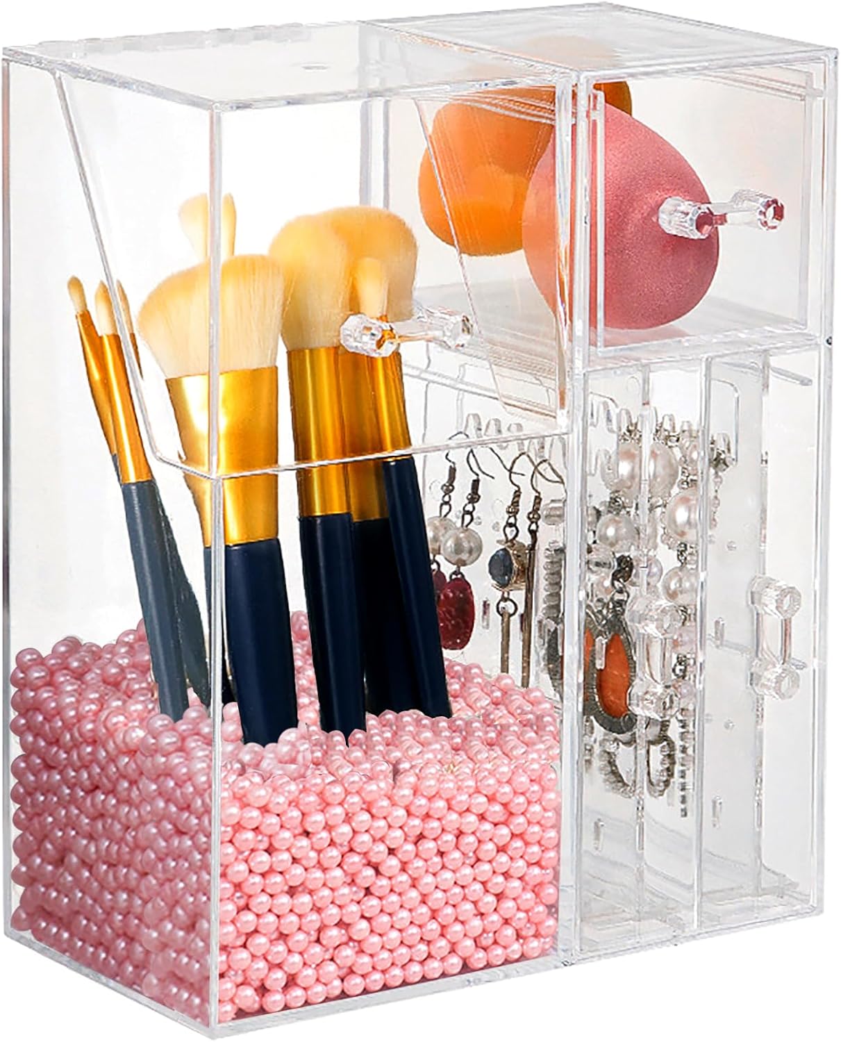 Detalle de Andchi 2-in-1 Cosmetic Brush & Earrings Desk Organizer (dustproof acrylic, pink pearl)