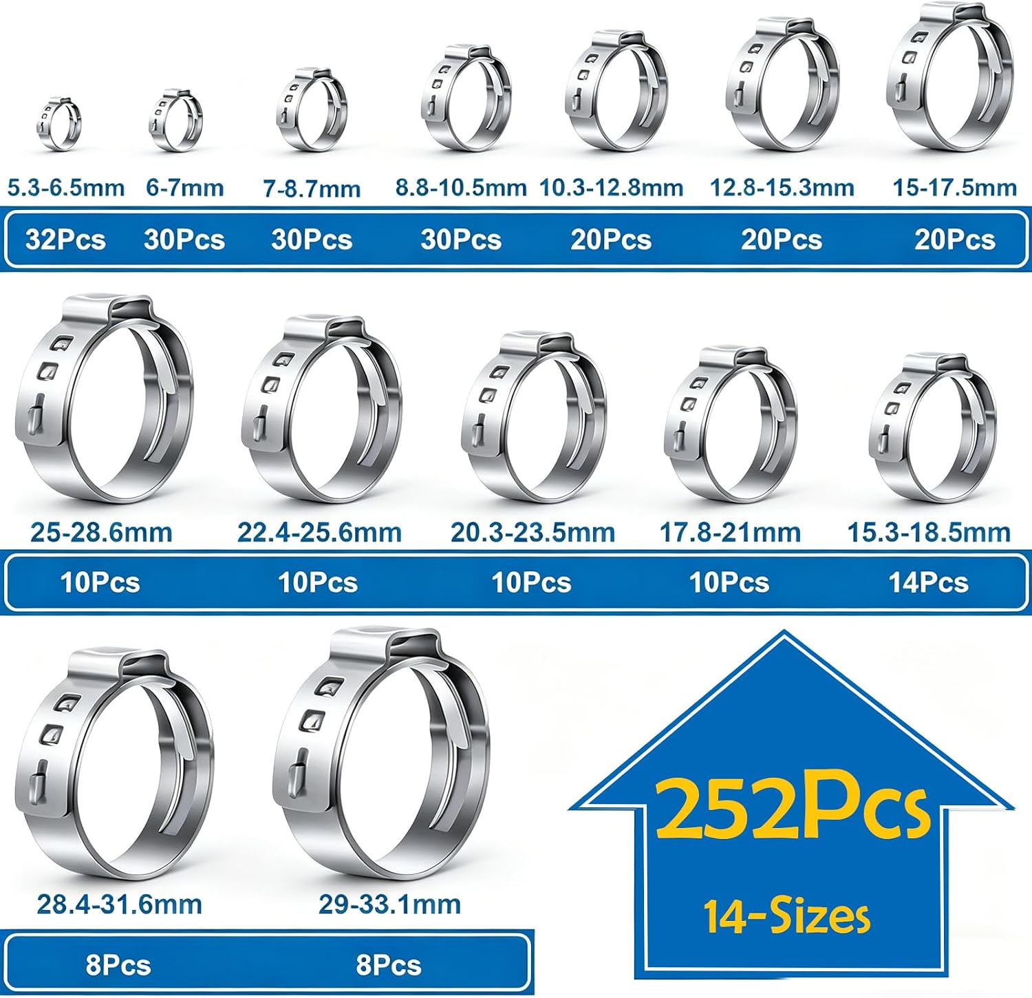 Detalle 2 de Seept SM-25-5 Ear Hose Clamp Kit, 304 Stainless Steel, 14 Sizes