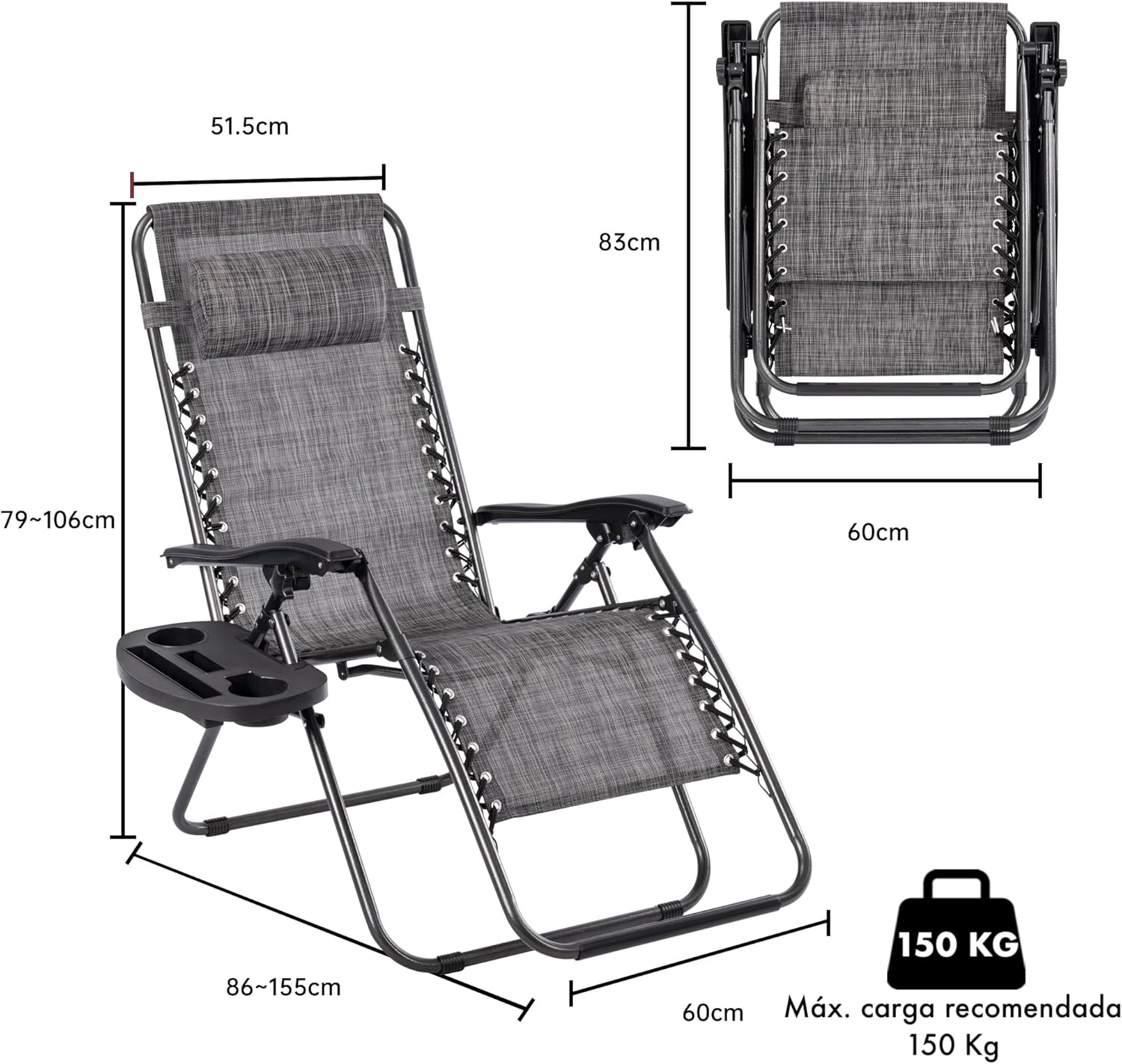 Detalle de T-LOVENDO Pack de 2 tumbonas o sillas de exterior plegables Gravedad Zero (2 unidades) Gris