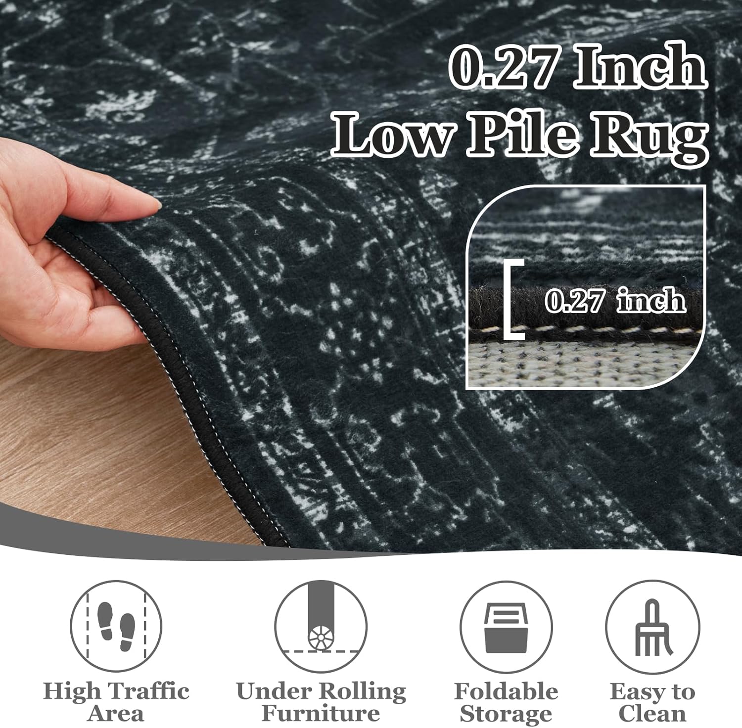 Detalle de Jainmy Distressed Black Kitchen 2x3 Rug — Non-Slip, Washable, Vintage Medallion Entrance Mat