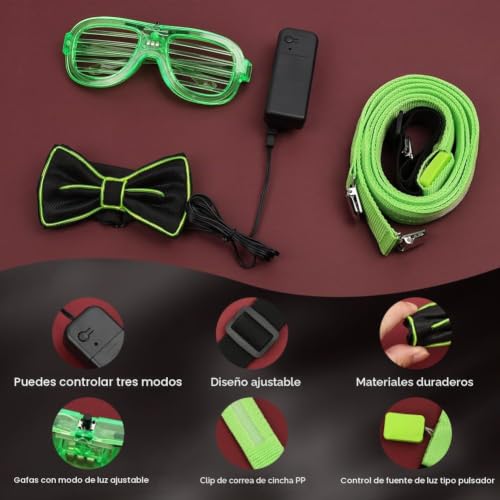 Detalle de Alaoo Gafas LED Luminosas, Conjunto de Gafas + Pajarita + Tirantes Luminosos en Verde