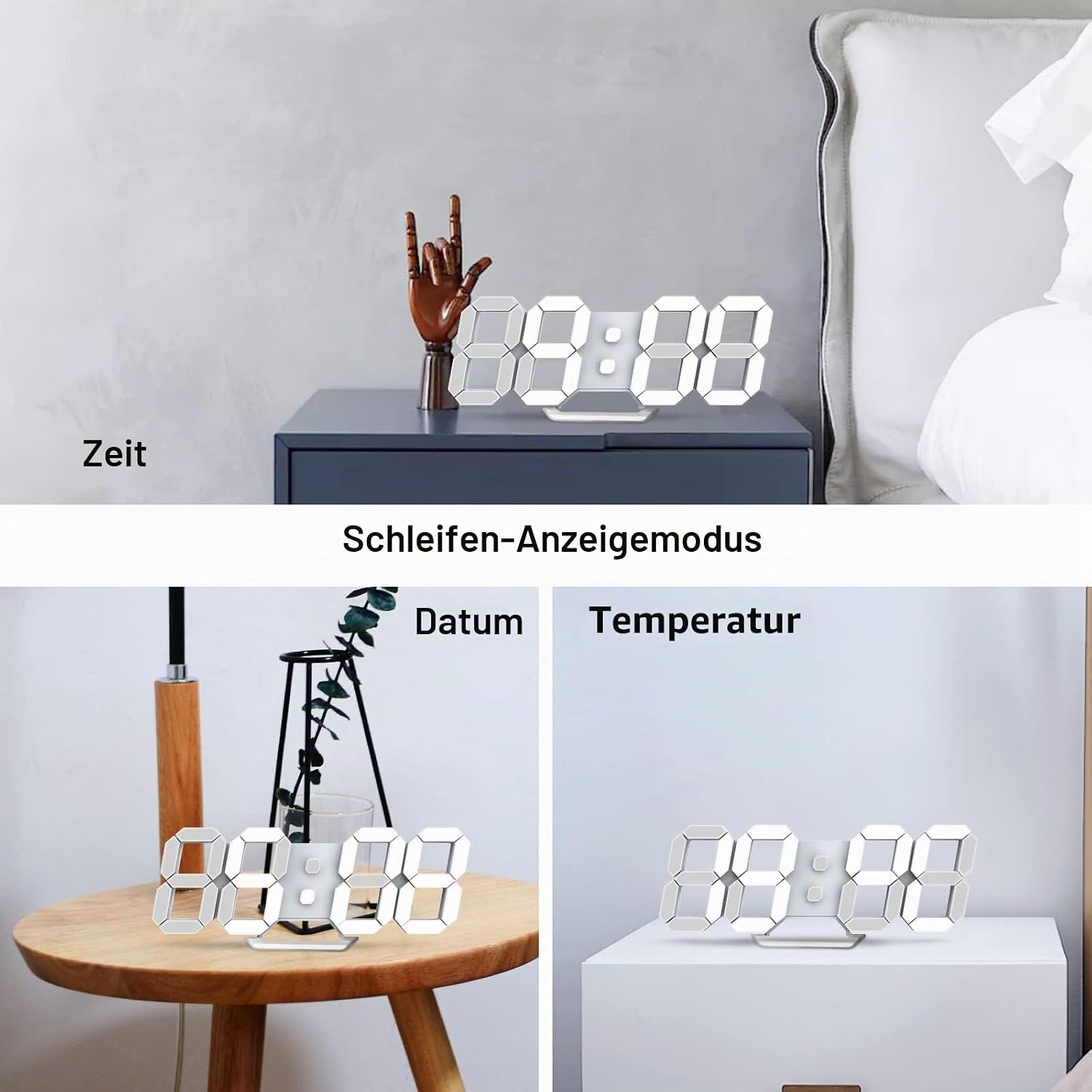 Detalle de Deeyaple LED Wanduhr Digital Wecker 3D – dimmbar, Snooze, Fernbedienung, 25 cm