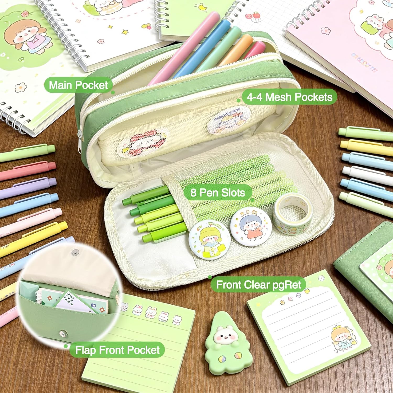 Detalle de hoinya Pencil Case, Large Capacity 8-Compartment Green Pencil Case for School & Office
