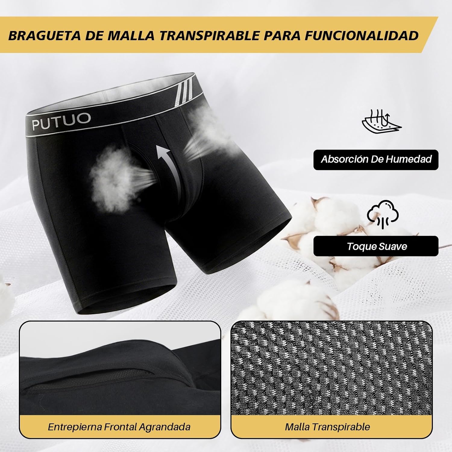 Thumbnail 2 de PUTUO Boxer Grande Taille pour Homme — Caleçon long en coton avec ouverture devant, ceinture large et multipack 4 paires (XL–5XL)