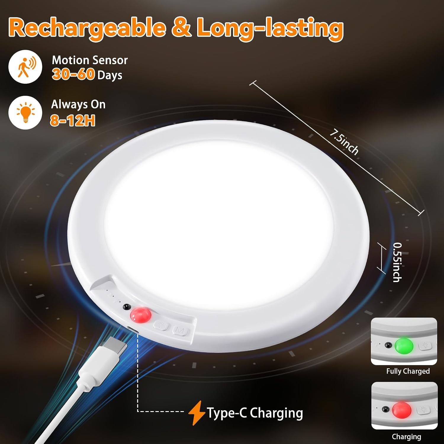 Detalle de KYEKIO T070 Rechargeable LED Ceiling Lights, 2-Pack with Motion Sensor