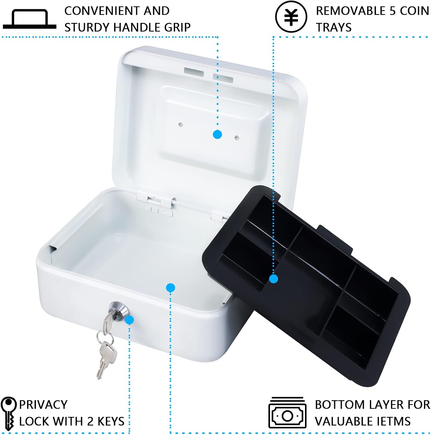 Detalle de KYODOLED P0126 Medium Cash Box with 5-Compartment Tray, Key Lock, White