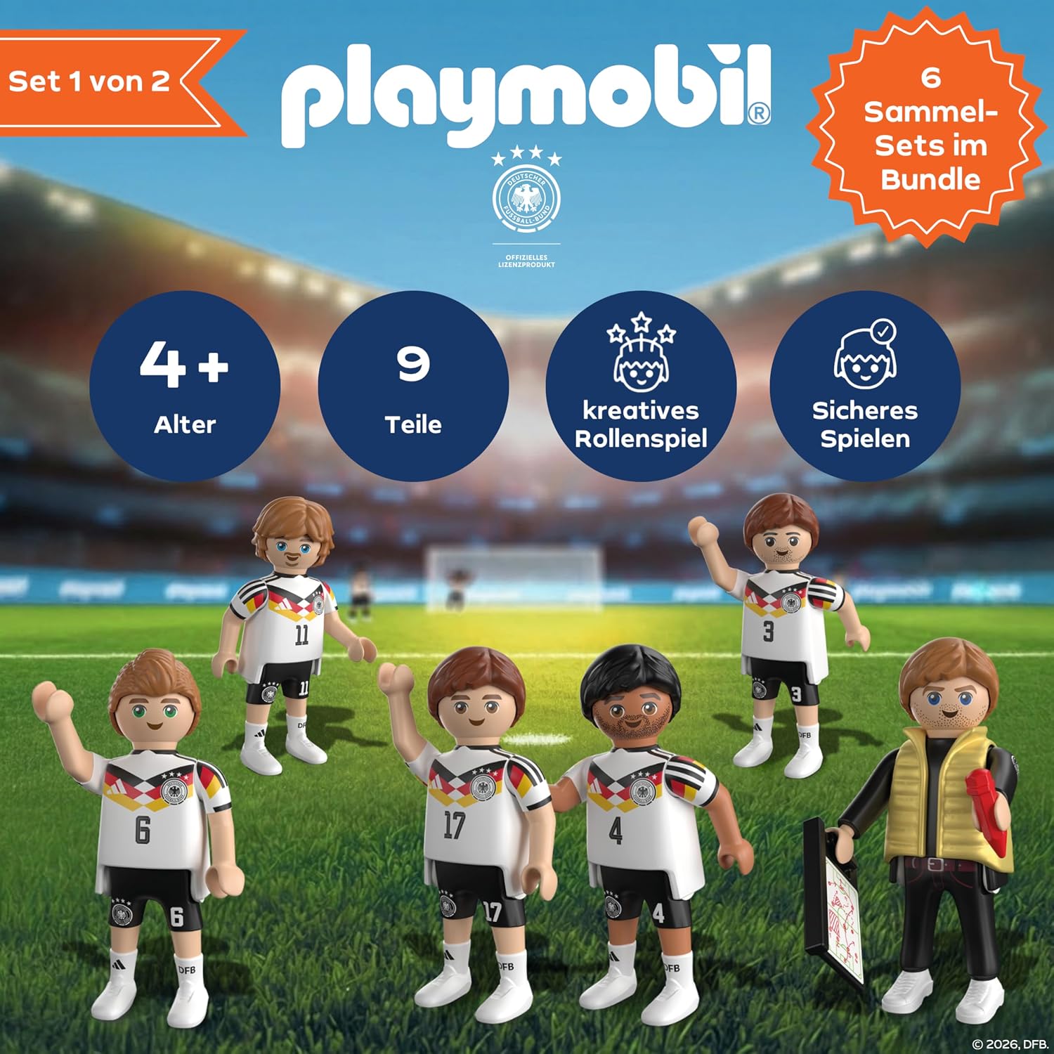 Detalle de PLAYMOBIL DFB WM Sammel Set 1 – Fußball-WM mit Julian Nagelsmann, Florian Wirtz, Joshua Kimmich, Jonathan Tah, Nick Woltemade, Waldemar Anton und Trainer (210449)