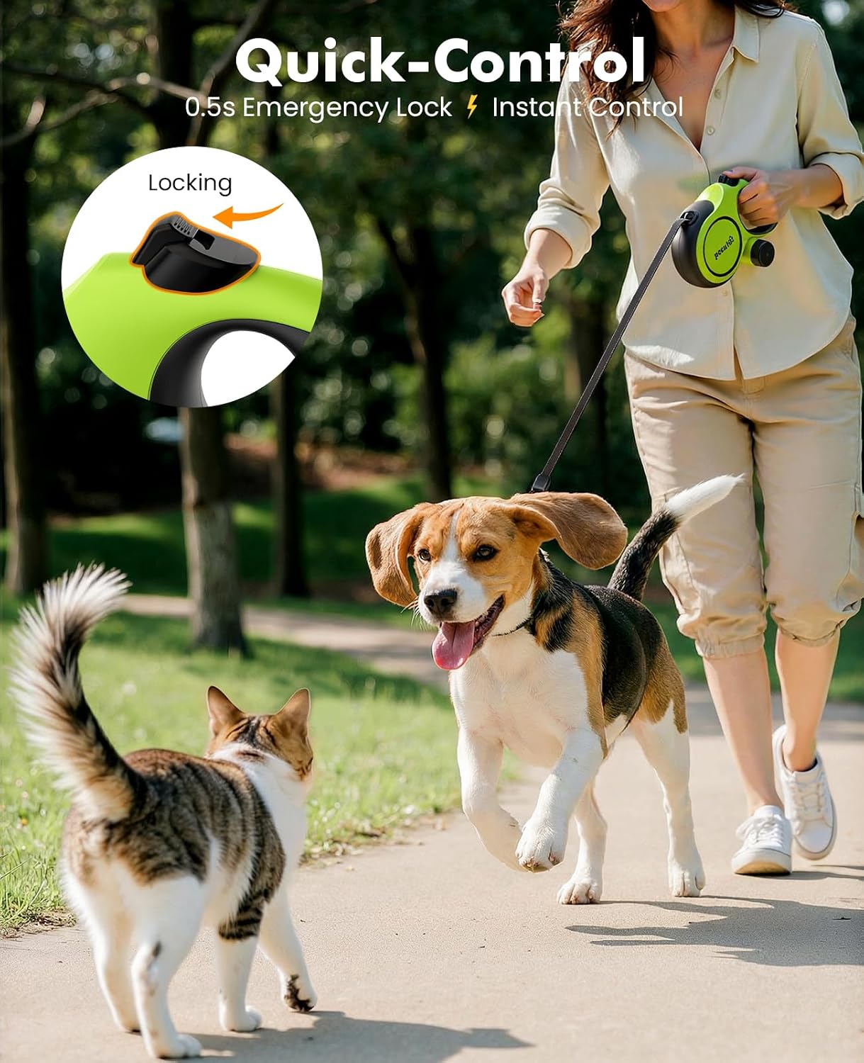 Thumbnail 4 de Pecute Retractable Dog Leash with Poo Bag Holder — 5m, 360° Anti-Tangle, One-Handed Brake for Medium/Large Dogs (Up to 50kg)