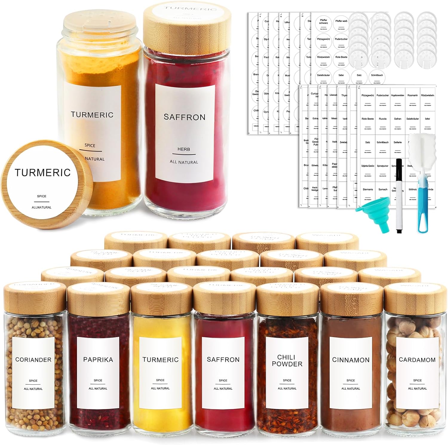 Detalle de AISIPRIN Glass Spice Jars Set (24 x 4oz) with Bamboo Airtight Lids, 398 Labels, Funnel, Brush & Marker