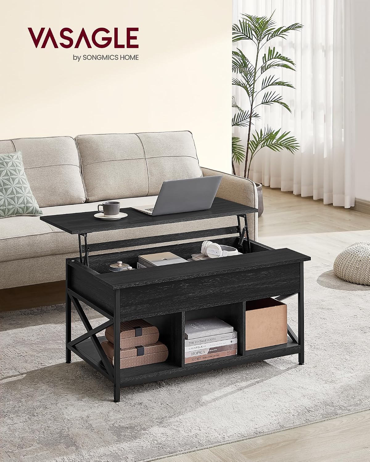 Detalle 2 de VASAGLE LCT205B22 Lift-Top Coffee Table, 3 Open Compartments, Charcoal Grey