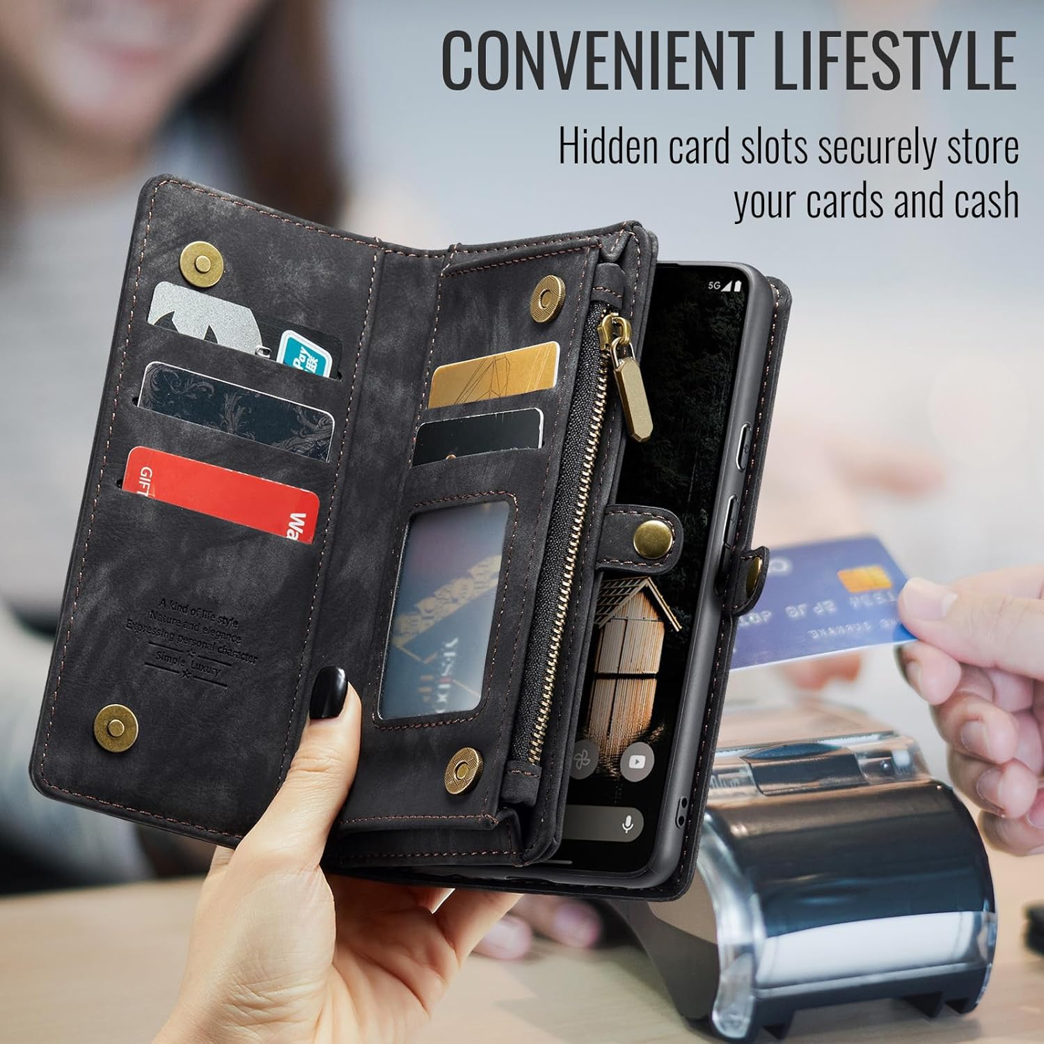 Thumbnail 5 de Phone Case for Google Pixel 9A with Zipper Wallet, Magnetic Detachable Cover and Tempered Glass Screen Protector