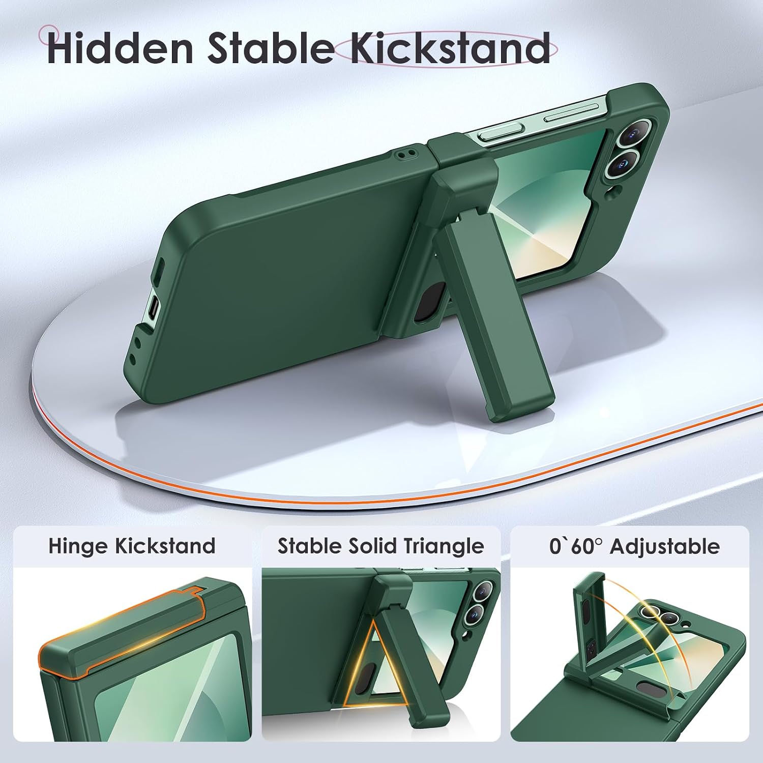 Detalle de HWeggo Case for Galaxy Z Flip 7 FE / Z Flip 6 – Hinge Protection, Hidden Kickstand & Built-in Screen Protector (Green)