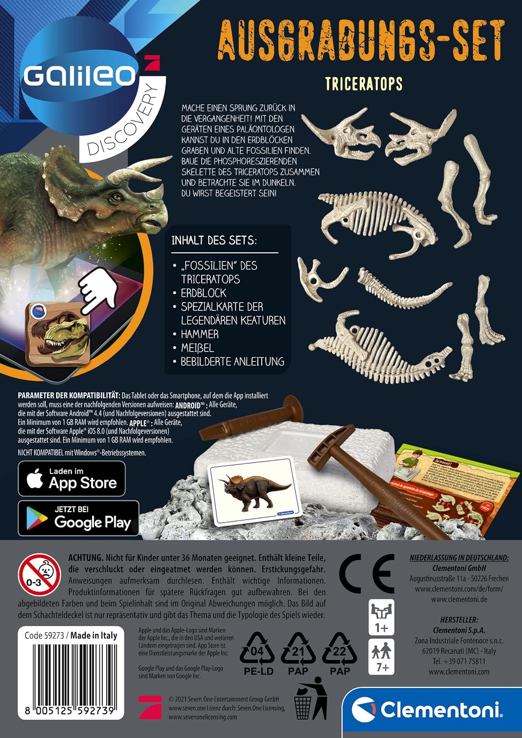Thumbnail 2 de Clementoni 59273 Galileo Discovery Ausgrabungs-Set Triceratops – Dino-Fossilien ausgraben und Skelett zusammenbauen (ab 7 Jahren)