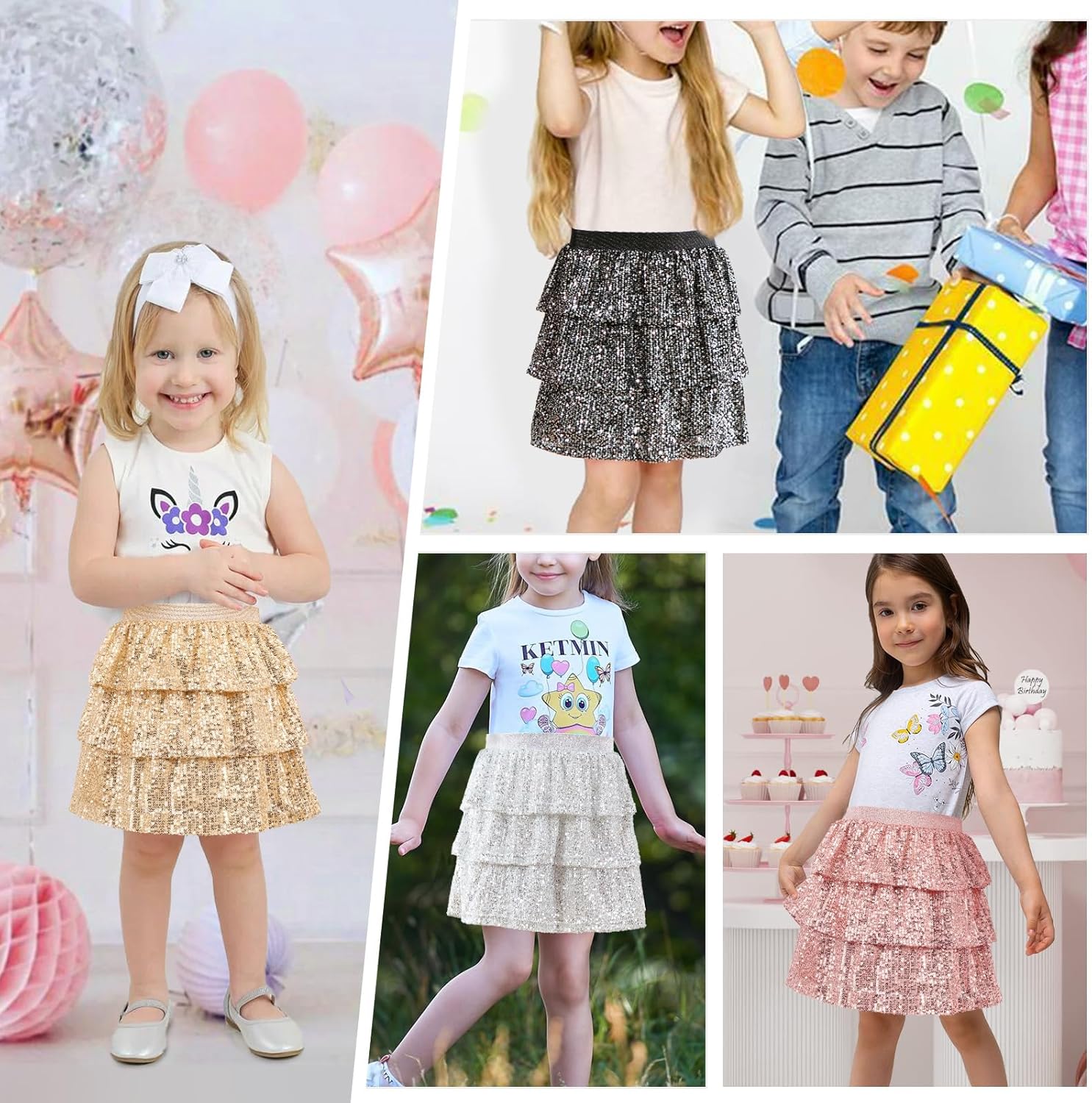 Detalle de Bezioner Girls Sequin Skirt: Layered Glitter Skater Skirt for 5–14 Years
