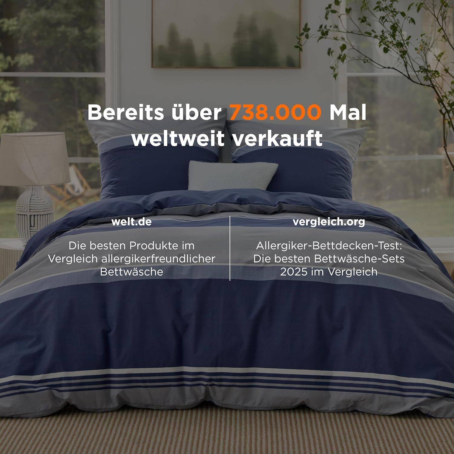 Thumbnail 1 de BEDSURE Bettwäsche 200x200 Baumwolle – 3-teiliges Set mit Reißverschluss, 80x80 Kissenbezüge, OEKO-TEX, Blau Streifen