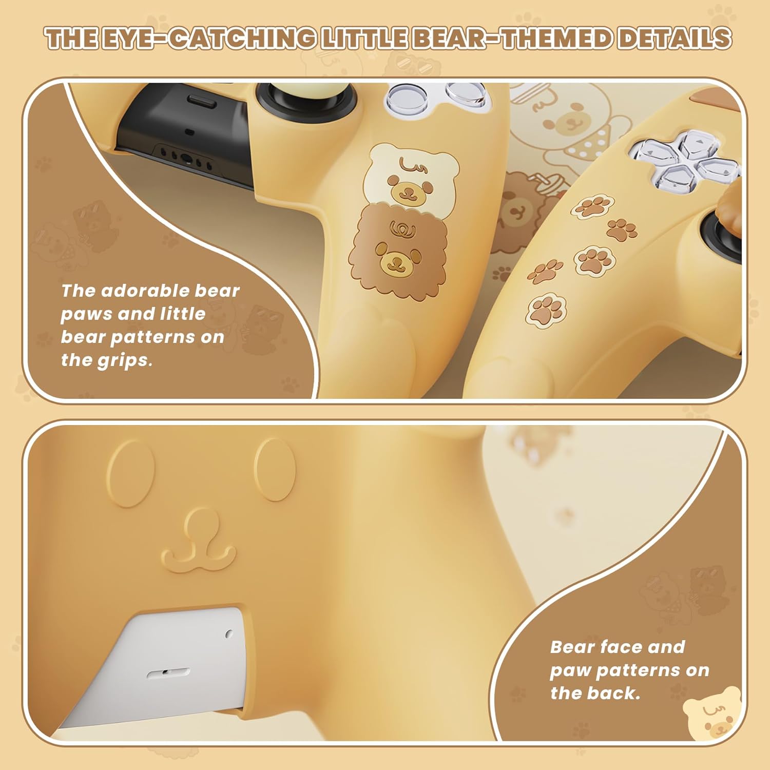 Thumbnail 6 de PlayVital Cute Bear Controller Silicone Case for PS5 – Bear-Themed Cover with Touch Pad Sticker & Thumb Grips (Yellow & Brown)