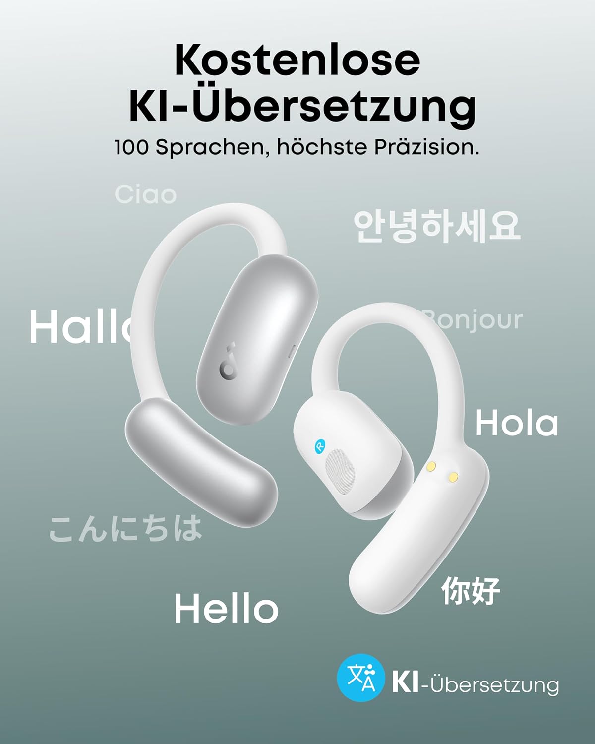 Detalle de soundcore AeroFit 2 AI Assistant von Anker – Open-Ear-Kopfhörer mit Echtzeit-Übersetzung