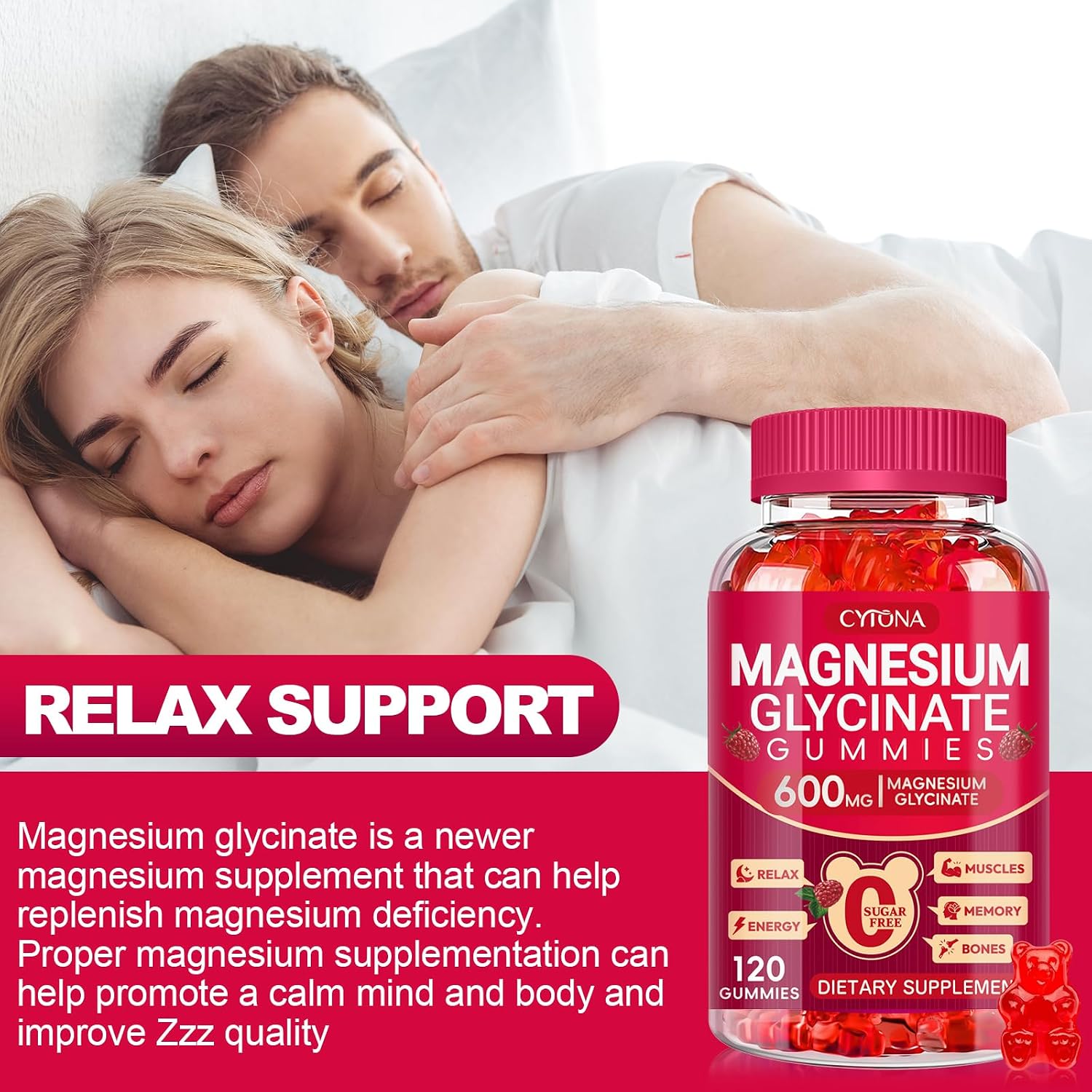 Detalle de Cytona Magnesium Glycinate Gummies, 600 mg Complex, Sugar-Free, 120 Count