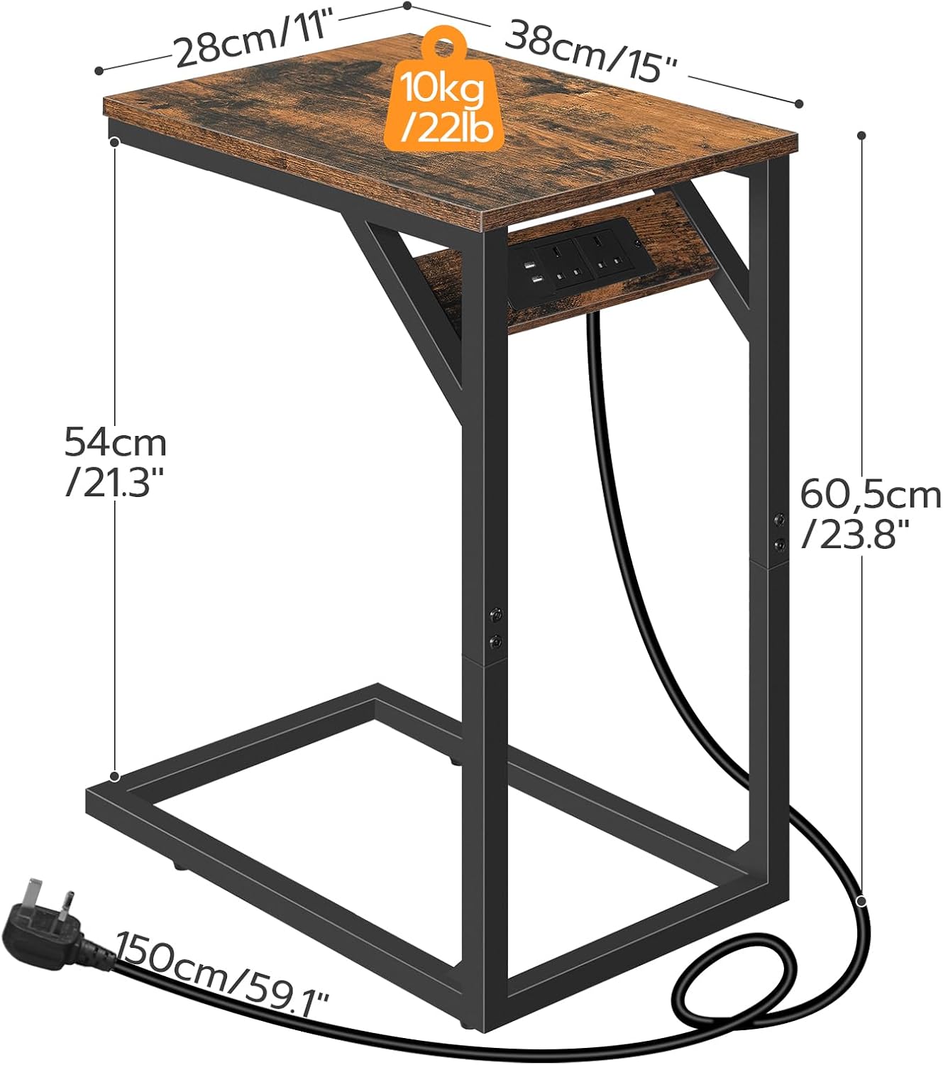 Thumbnail 2 de HOOBRO C Shaped Side Table with Charging Station (EBF07KSF01) – Rustic Brown & Black