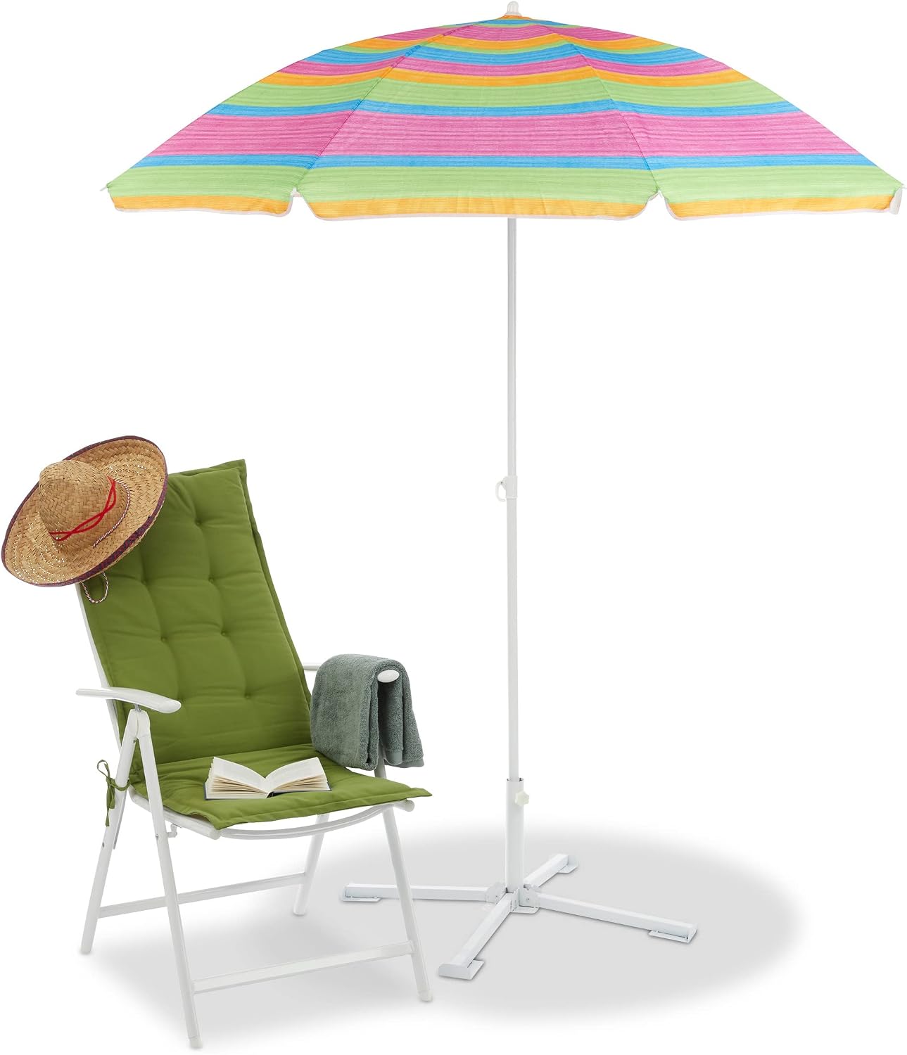 Detalle de Relaxdays 10023308 Striped Beach Parasol, Height-Adjustable, SPF 50+
