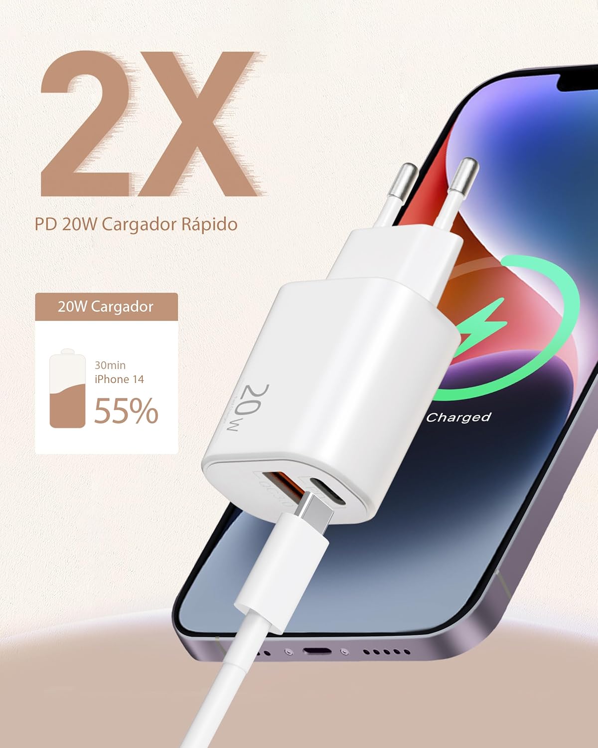 Thumbnail 1 de Cargador 20W 2 puertos USB-C USB-A con cable 2 m