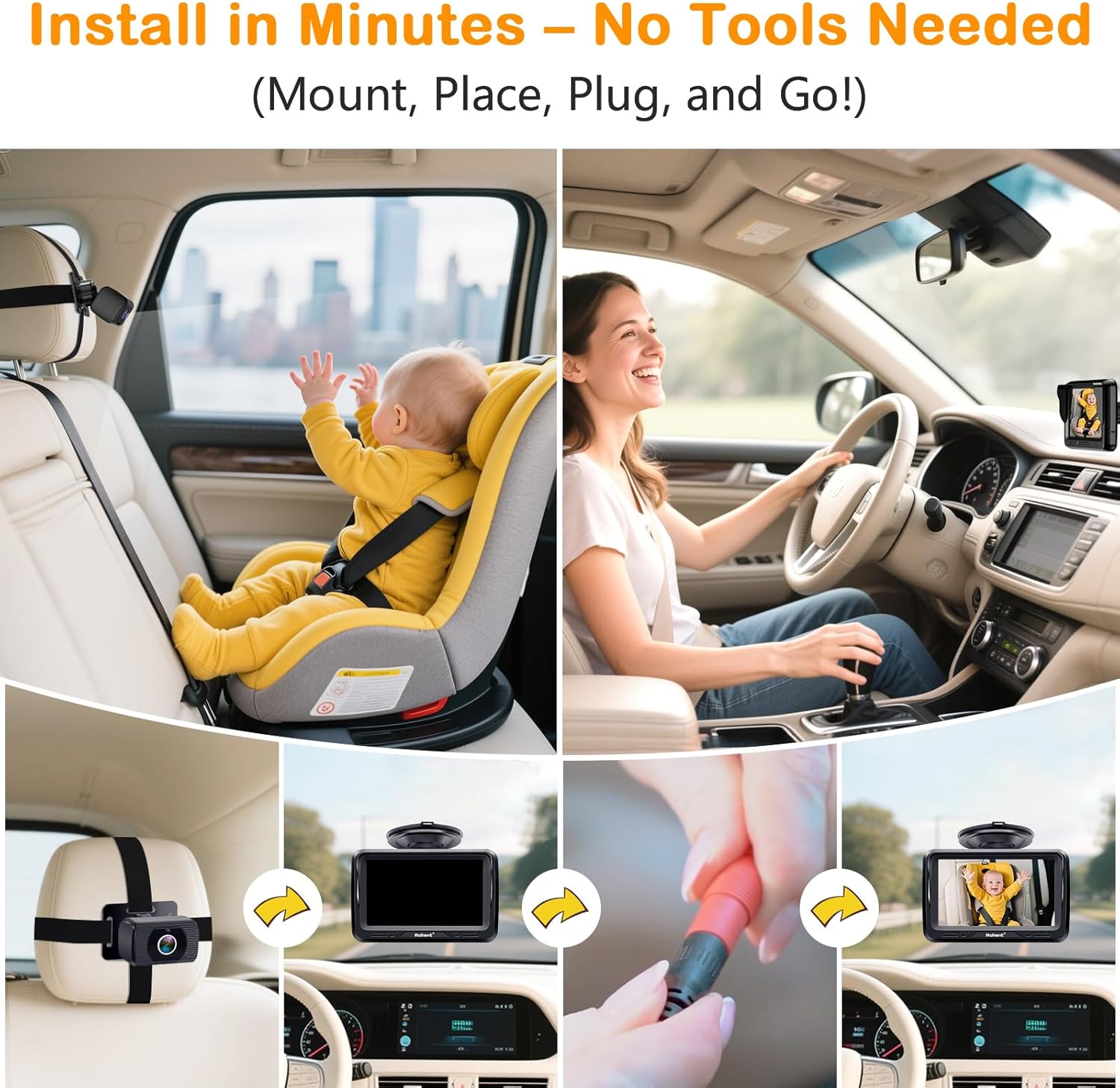 Detalle de Rohent Baby Car Camera HD 1080P for Backseat (USB plug-and-play, 4.3-inch monitor) with night vision
