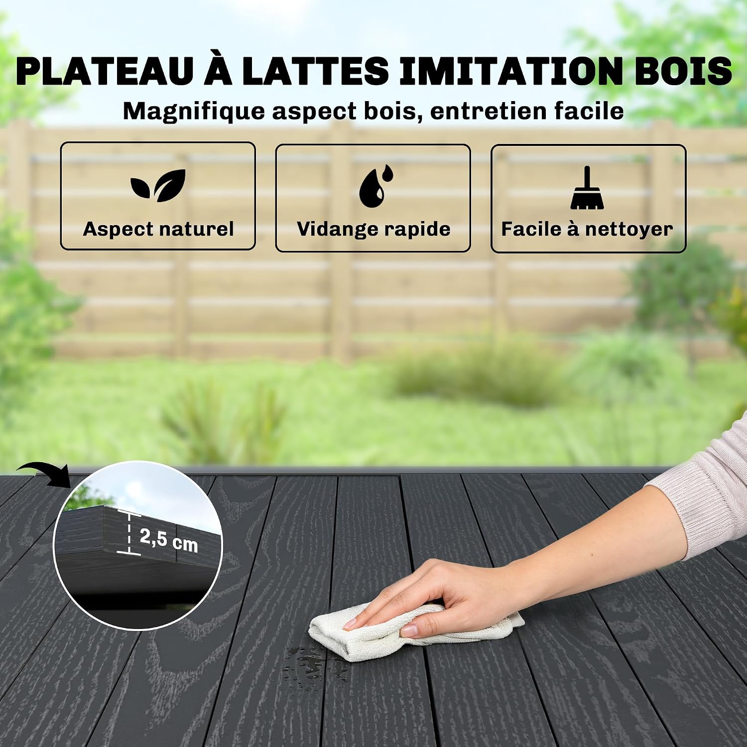 Detalle 2 de Outsunny 84K-001V00BK uitschuifbare tuintafel in aluminium met houtlook