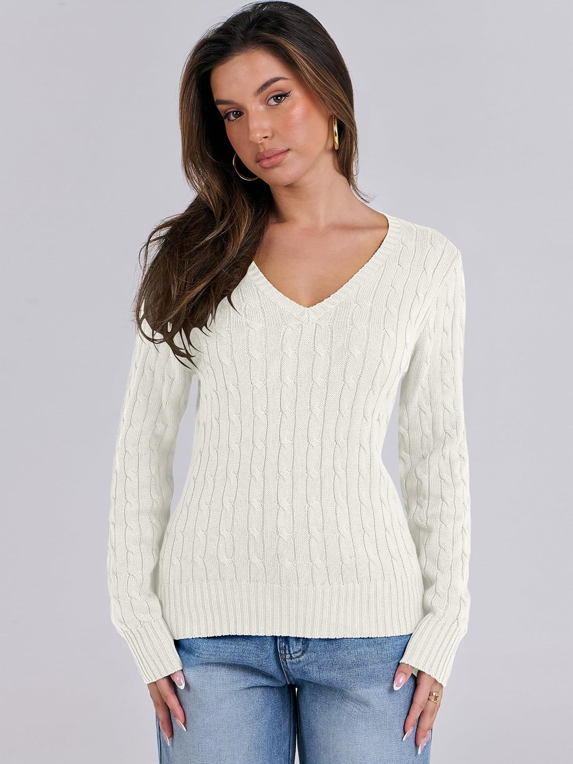 Thumbnail 2 de ANRABESS Long Sleeve Cable Knit Sweater V‑Neck